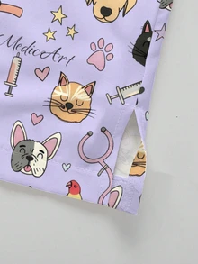 PopScrub Multi-Animal Doodle Cartoon Print Light Purple Fashion V-Neck Short Sleeve Pocket Split Design Healthcare Top, Straight Leg Pants Women's 2-Piece Set - Multicolor - View 5
