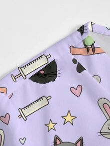 PopScrub Multi-Animal Doodle Cartoon Print Light Purple Fashion V-Neck Short Sleeve Pocket Split Design Healthcare Top, Straight Leg Pants Women's 2-Piece Set - Multicolor - View 3