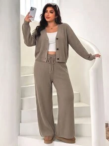 Solflare Plus Size Women Solid Color Long Sleeve Top And Pants Knit Set, Autumn/Winter Formal Soft Form Vacation Grey Casual Traditional Home Wear - Khaki - View 4