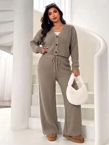 Solflare Plus Size Women Solid Color Long Sleeve Top And Pants Knit Set, Autumn/Winter Formal Soft Form Vacation Grey Casual Traditional Home Wear - Khaki - View 3