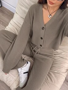 Solflare Plus Size Women Solid Color Long Sleeve Top And Pants Knit Set, Autumn/Winter Formal Soft Form Vacation Grey Casual Traditional Home Wear - Khaki - View 5
