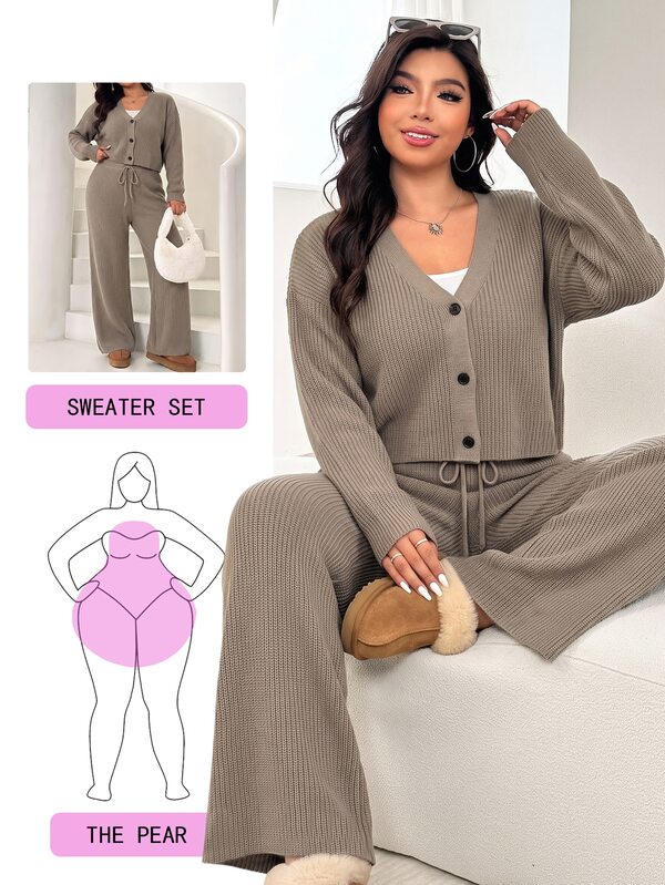 Solflare Plus Size Women Solid Color Long Sleeve Top And Pants Knit Set, Autumn/Winter Formal Soft Form Vacation Black Casual Soft Form Formal Vacation