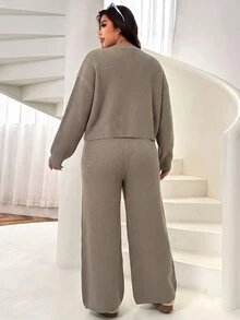 Solflare Plus Size Women Solid Color Long Sleeve Top And Pants Knit Set, Autumn/Winter Formal Soft Form Vacation Grey Casual Traditional Home Wear - Khaki - View 2