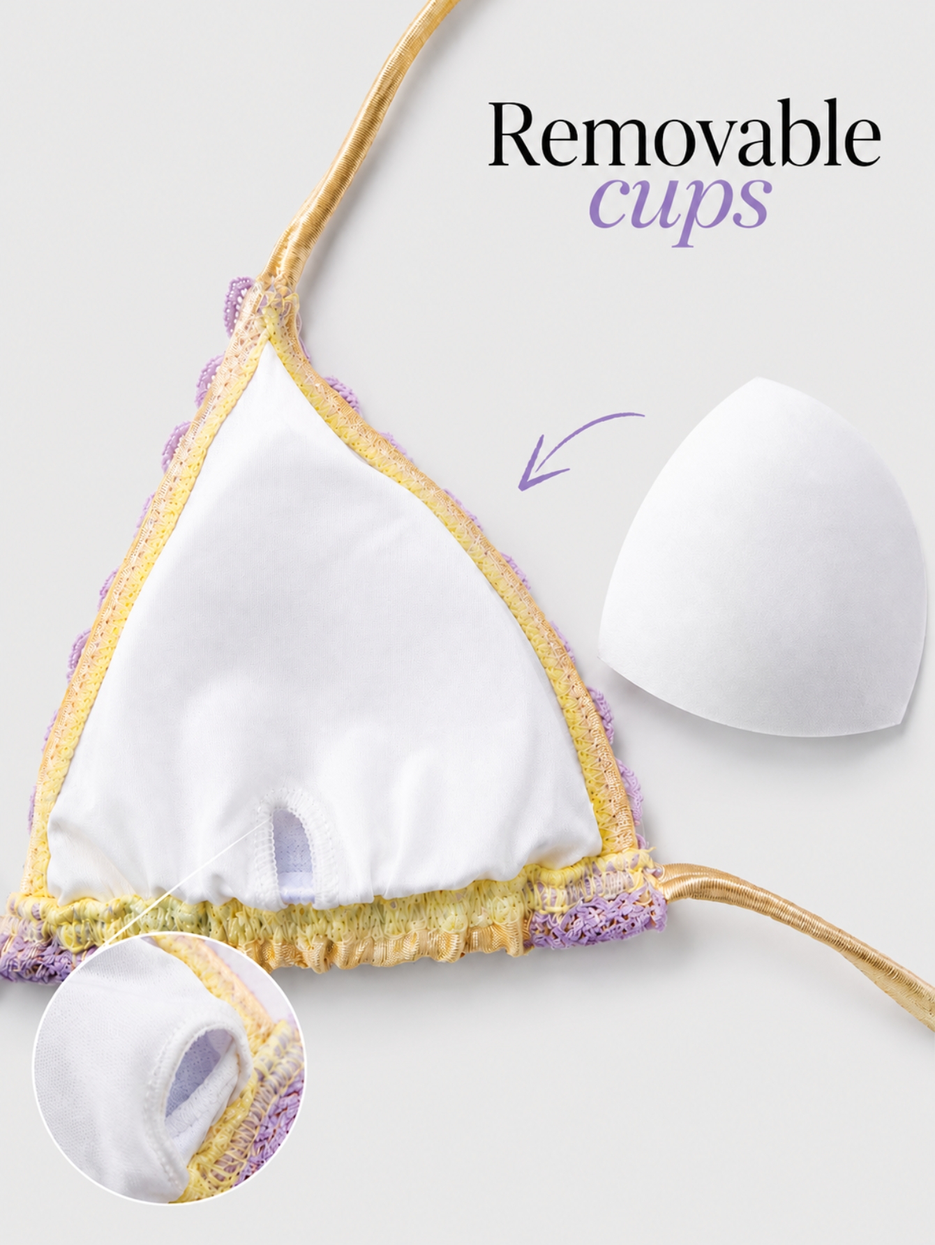 Butter Yellow Purple Lace Bikini Top Beach Vacation, view 7