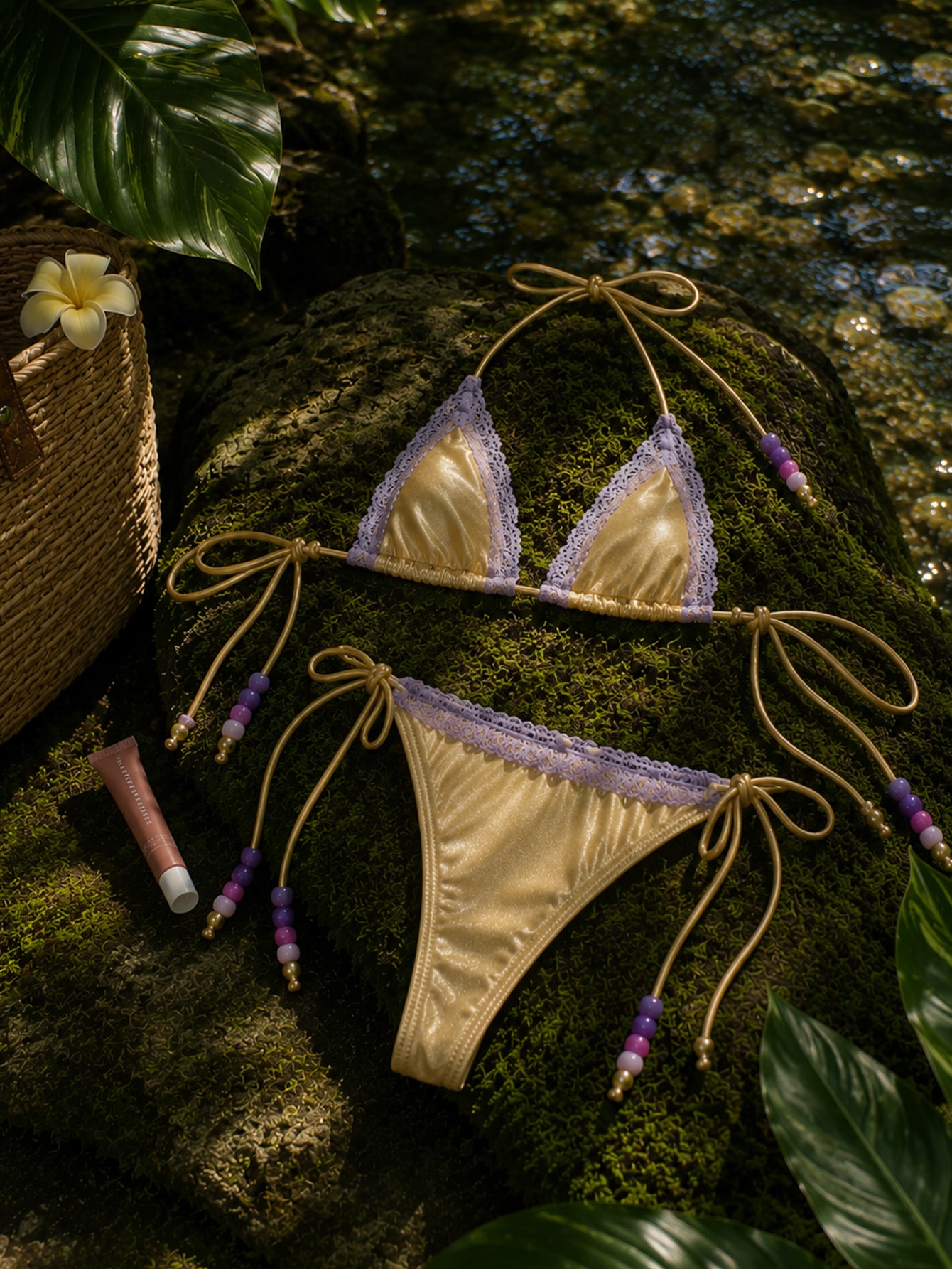Butter Yellow Purple Lace Bikini Top Beach Vacation, view 8