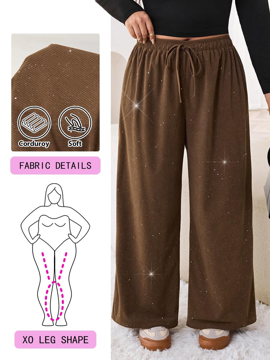 Solflare Plus Size Fashion Drawstring Waist Sequin Loose Casual Soft Form Pants Formal Vacation Office Chocolate Brown Autumn - Brown - View 1