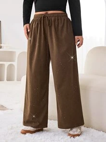 Solflare Plus Size Fashion Drawstring Waist Sequin Loose Casual Soft Form Pants Formal Vacation Office Chocolate Brown Autumn - Brown - View 3