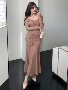 DAZY Elegant Solid Color Off Shoulder Ruffle Midi Dress For Women, Spring/Summer Prom Dress Elegant,Fall Clothes Long Sleeve Dress - Khaki - View 7