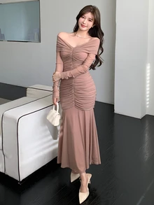 DAZY Elegant Solid Color Off Shoulder Ruffle Midi Dress For Women, Spring/Summer Prom Dress Elegant,Fall Clothes Long Sleeve Dress - Khaki - View 6