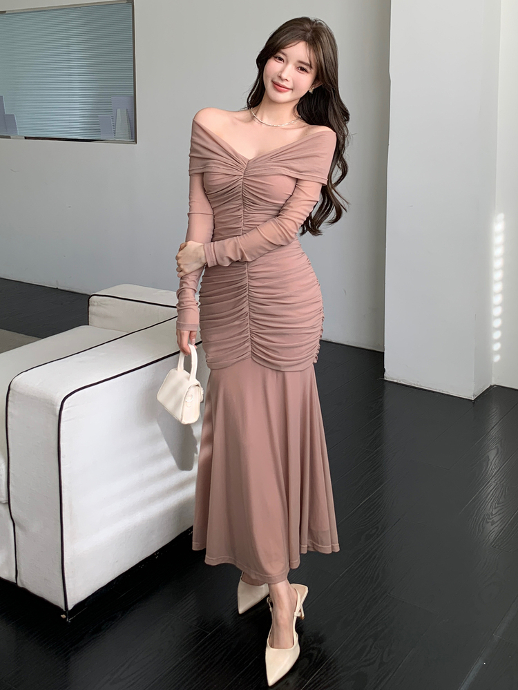 DAZY Elegant Solid Color Off Shoulder Ruffle Midi Dress For Women, Spring/Summer Prom Dress Elegant,Fall Clothes Long Sleeve Dress - Khaki - View 6
