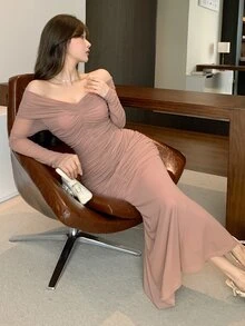 DAZY Elegant Solid Color Off Shoulder Ruffle Midi Dress For Women, Spring/Summer Prom Dress Elegant,Fall Clothes Long Sleeve Dress - Khaki - View 4
