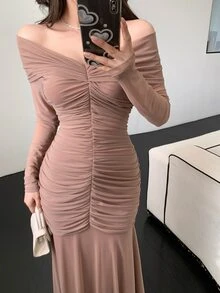 DAZY Elegant Solid Color Off Shoulder Ruffle Midi Dress For Women, Spring/Summer Prom Dress Elegant,Fall Clothes Long Sleeve Dress - Khaki - View 9