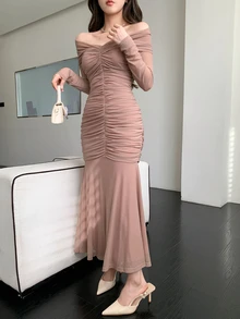 DAZY Elegant Solid Color Off Shoulder Ruffle Midi Dress For Women, Spring/Summer Prom Dress Elegant,Fall Clothes Long Sleeve Dress - Khaki - View 3