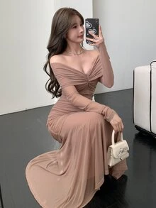 DAZY Elegant Solid Color Off Shoulder Ruffle Midi Dress For Women, Spring/Summer Prom Dress Elegant,Fall Clothes Long Sleeve Dress - Khaki - View 8