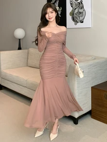 DAZY Elegant Solid Color Off Shoulder Ruffle Midi Dress For Women, Spring/Summer Prom Dress Elegant,Fall Clothes Long Sleeve Dress - Khaki - View 5
