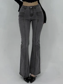 DAZY Women's Simple Daily Flared Leg Denim Jeans - Grey - View 5