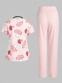 PopScrub 2pcs Casual Mushroom & Strawberry Cartoon Pattern Uniform Set, Women's Fashion V-Neck Short Sleeve Pocket With Ear Loop & Slit Design Workwear Top And Straight Leg Pants, Light Pink, Spring/Summer - Multicolor - View 2