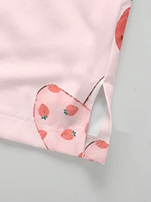 PopScrub 2pcs Casual Mushroom & Strawberry Cartoon Pattern Uniform Set, Women's Fashion V-Neck Short Sleeve Pocket With Ear Loop & Slit Design Workwear Top And Straight Leg Pants, Light Pink, Spring/Summer - Multicolor - View 5