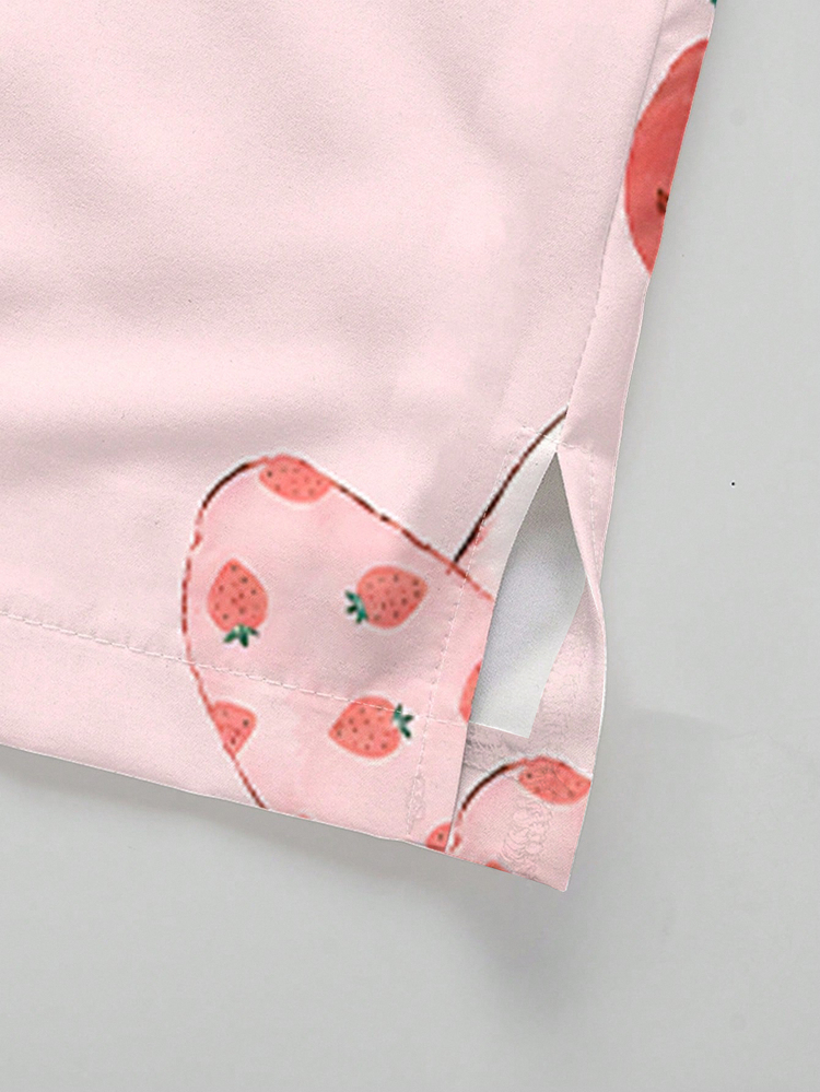 PopScrub 2pcs Casual Mushroom & Strawberry Cartoon Pattern Uniform Set, Women's Fashion V-Neck Short Sleeve Pocket With Ear Loop & Slit Design Workwear Top And Straight Leg Pants, Light Pink, Spring/Summer - Multicolor - View 5