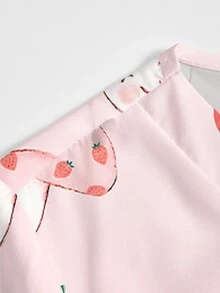 PopScrub 2pcs Casual Mushroom & Strawberry Cartoon Pattern Uniform Set, Women's Fashion V-Neck Short Sleeve Pocket With Ear Loop & Slit Design Workwear Top And Straight Leg Pants, Light Pink, Spring/Summer - Multicolor - View 4