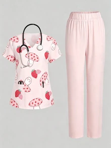 PopScrub 2pcs Casual Mushroom & Strawberry Cartoon Pattern Uniform Set, Women's Fashion V-Neck Short Sleeve Pocket With Ear Loop & Slit Design Workwear Top And Straight Leg Pants, Light Pink, Spring/Summer - Multicolor - View 1