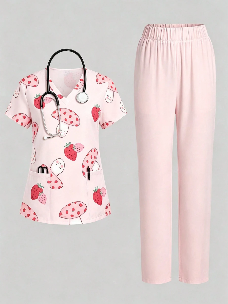 PopScrub 2pcs Casual Mushroom & Strawberry Cartoon Pattern Uniform Set, Women's Fashion V-Neck Short Sleeve Pocket With Ear Loop & Slit Design Workwear Top And Straight Leg Pants, Light Pink, Spring/Summer - Multicolor - View 1