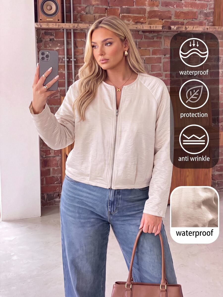 EMERY ROSE Plus Size Coats Office Family Vacation Party Work All White Autumn Normal Business Casual Capsule Old Money All-Match Back To School Going Out Fall - Beige - View 1