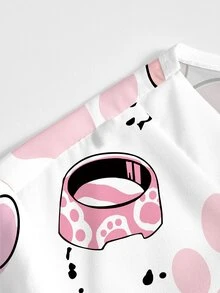 PopScrub 2件組休閒女僕警察風格動物爪印骨頭卡通圖案刷手服套裝，女款時尚V領短袖口袋開衩工作服 白色 - 彩色 - 查看 4
