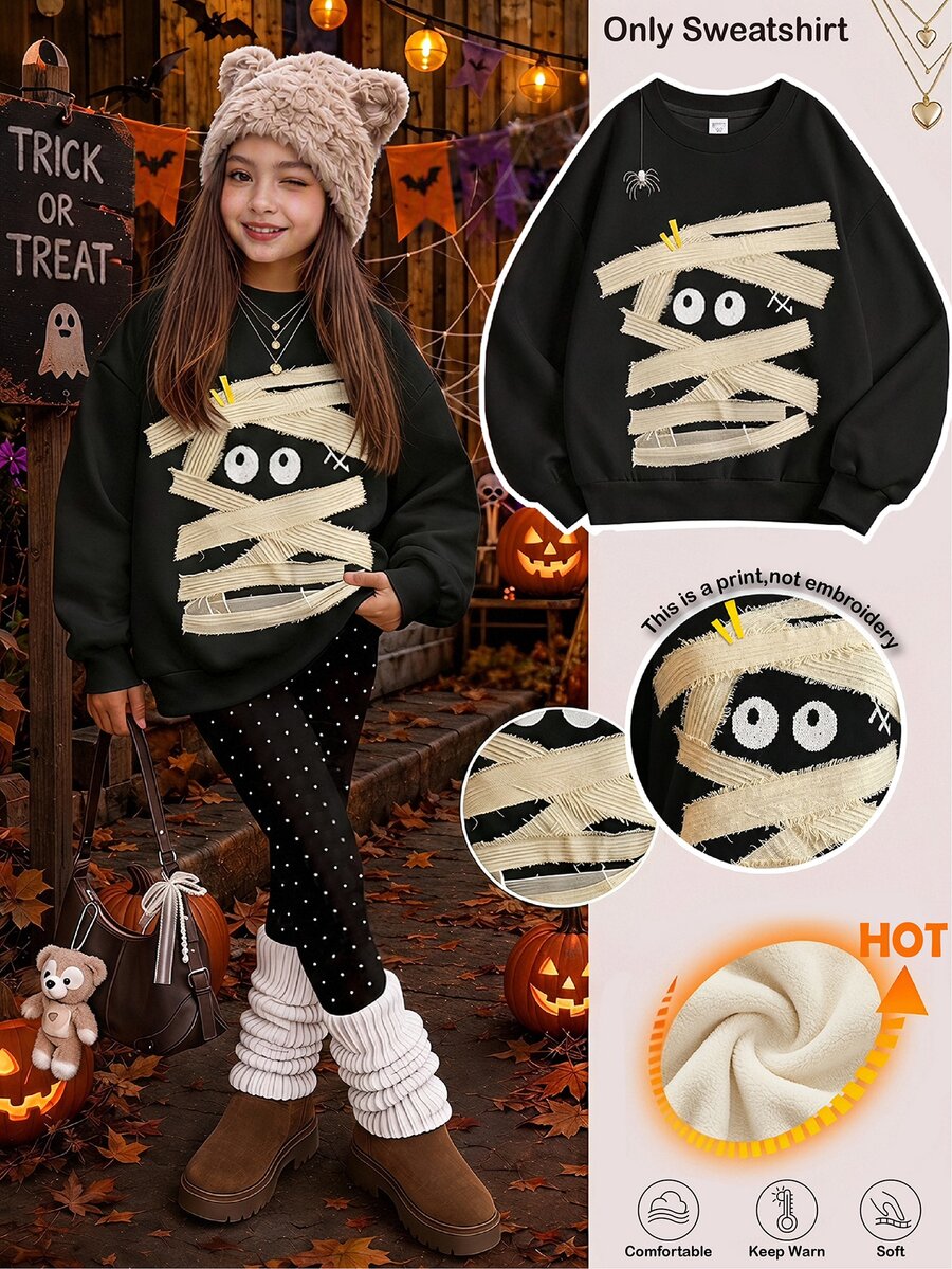 青少年女孩黑色萬聖節南瓜小鬼繃帶圖案圓領寬鬆抓絨內裡衛衣,秋冬開學穿搭 - 彩色 - 查看 1