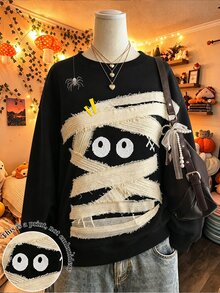青少年女孩黑色萬聖節南瓜小鬼繃帶圖案圓領寬鬆抓絨內裡衛衣，秋冬開學穿搭 - 彩色 - 查看 3