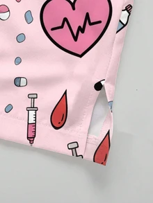 PopScrub 急救包、工具卡通圖案淺粉色時尚V領短袖口袋耳環分開設計工作服上衣，淺粉色直筒長褲女款兩件套，春/夏護士制服，長褲休閒套裝，制服套裝，適用於醫院、美容院和各種機構 - 彩色 - 查看 6