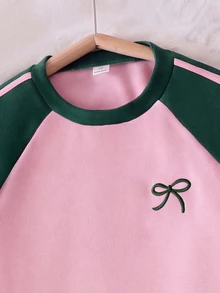 Elladie kids 青少年女孩新款時尚綠色圓領長袖上衣搭配寬腿褲蝴蝶結刺繡兩件套 秋冬 - 彩色 - 查看 3