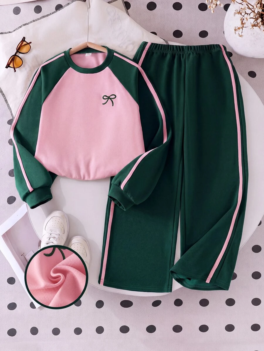 Elladie kids 青少年女孩新款時尚綠色圓領長袖上衣搭配寬腿褲蝴蝶結刺繡兩件套 秋冬 - 彩色 - 查看 1