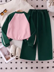 Elladie kids 青少年女孩新款時尚綠色圓領長袖上衣搭配寬腿褲蝴蝶結刺繡兩件套 秋冬 - 彩色 - 查看 2