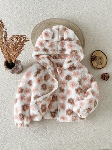 SHEIN Vintaside Kids 女童秋冬甜美休閒毛絨可愛耳飾粉色花卉軟暖保暖內裡拉鍊外套，緹花連帽開襟外套，適合萬聖節 - 杏色 - 查看 2