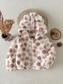 SHEIN Vintaside Kids 女童秋冬甜美休閒毛絨可愛耳飾粉色花卉軟暖保暖內裡拉鍊外套，緹花連帽開襟外套，適合萬聖節 - 杏色 - 查看 4