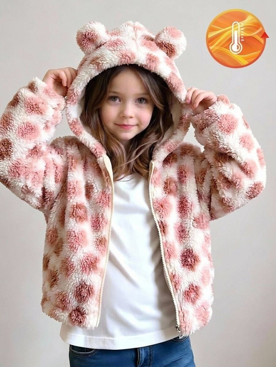SHEIN Vintaside Kids 女童秋冬甜美休閒毛絨可愛耳飾粉色花卉軟暖保暖內裡拉鍊外套,緹花連帽開襟外套,適合萬聖節 - 杏色 - 查看 1