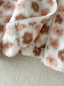 SHEIN Vintaside Kids 女童秋冬甜美休閒毛絨可愛耳飾粉色花卉軟暖保暖內裡拉鍊外套，緹花連帽開襟外套，適合萬聖節 - 杏色 - 查看 7