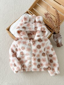 SHEIN Vintaside Kids 女童秋冬甜美休閒毛絨可愛耳飾粉色花卉軟暖保暖內裡拉鍊外套，緹花連帽開襟外套，適合萬聖節 - 杏色 - 查看 5