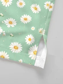 PopScrub 2pcs Casual Green Daisy Print Scrub Set, Women's Fashion V-Neck Short Sleeve Pocket With Ear Loop And Split Design Workwear Top And Straight Leg Pants Green Women's 2-Piece Set, Spring/Summer - Multicolor - View 4