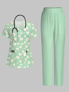PopScrub 2pcs Casual Green Daisy Print Scrub Set, Women's Fashion V-Neck Short Sleeve Pocket With Ear Loop And Split Design Workwear Top And Straight Leg Pants Green Women's 2-Piece Set, Spring/Summer - Multicolor - View 1