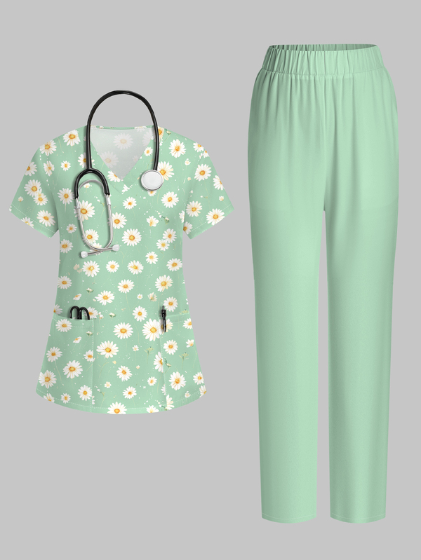 PopScrub 2pcs Casual Green Daisy Print Scrub Set, Women's Fashion V-Neck Short Sleeve Pocket With Ear Loop And Split Design Workwear Top And Straight Leg Pants Green Women's 2-Piece Set, Spring/Summer