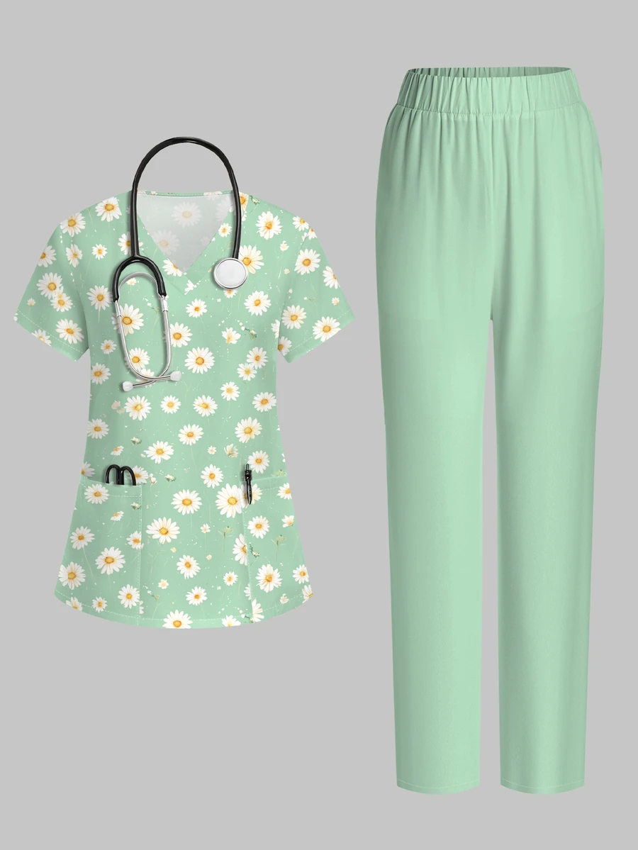 PopScrub 2pcs Casual Green Daisy Print Scrub Set, Women's Fashion V-Neck Short Sleeve Pocket With Ear Loop And Split Design Workwear Top And Straight Leg Pants Green Women's 2-Piece Set, Spring/Summer - Multicolor - View 1