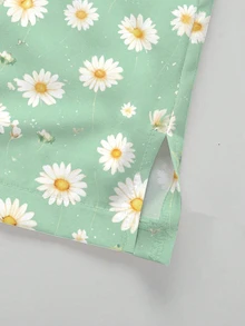 PopScrub 2pcs Casual Green Daisy Print Scrub Set, Women's Fashion V-Neck Short Sleeve Pocket With Ear Loop And Split Design Workwear Top And Straight Leg Pants Green Women's 2-Piece Set, Spring/Summer - Multicolor - View 6