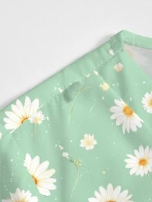PopScrub 2pcs Casual Green Daisy Print Scrub Set, Women's Fashion V-Neck Short Sleeve Pocket With Ear Loop And Split Design Workwear Top And Straight Leg Pants Green Women's 2-Piece Set, Spring/Summer - Multicolor - View 5