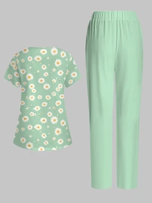 PopScrub 2pcs Casual Green Daisy Print Scrub Set, Women's Fashion V-Neck Short Sleeve Pocket With Ear Loop And Split Design Workwear Top And Straight Leg Pants Green Women's 2-Piece Set, Spring/Summer - Multicolor - View 2