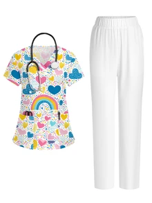 PopScrub Bộ đồ scrub 2 món nữ màu trắng, họa tiết hoạt hình graffiti cầu vồng phong cách casual, áo cổ chữ V tay ngắn có túi và thiết kế vòng tai, vạt xẻ, kèm quần ống đứng, trang phục đi làm mùa hè quay lại trường học - Nhiều màu - Xem 1