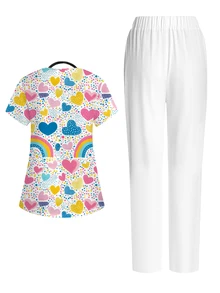 PopScrub Bộ đồ scrub 2 món nữ màu trắng, họa tiết hoạt hình graffiti cầu vồng phong cách casual, áo cổ chữ V tay ngắn có túi và thiết kế vòng tai, vạt xẻ, kèm quần ống đứng, trang phục đi làm mùa hè quay lại trường học - Nhiều màu - Xem 2