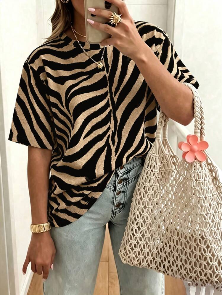 DrmWander Women Crew Neck Short‑Sleeve T‑Shirt, All‑Over Zebra Stripe Print Drop Shoulder Loose Casual Tee, Vintage Y2K Animal Print Streetwear Summer Daily Top - Multicolor - View 1