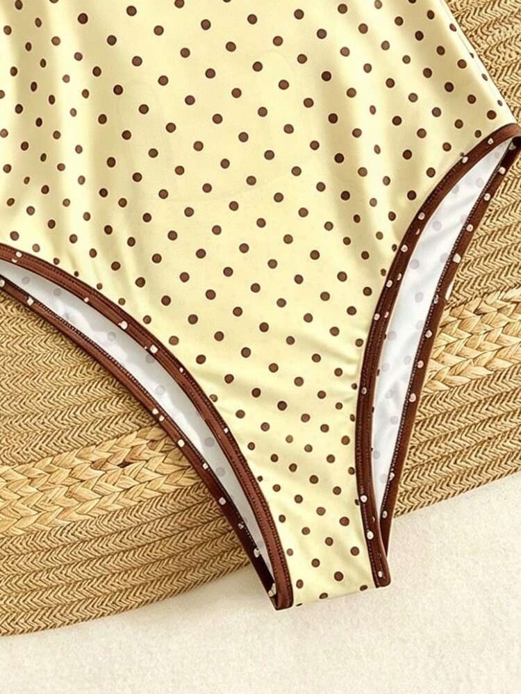 Swim Mod Brown And Yellow Polka Dot One-Piece Swimsuit For Girls,Summer 80's Style Beach Vacation High-Cut Thong Bikini,Holiday Party Holiday Swimwear - Multicolor - View 4